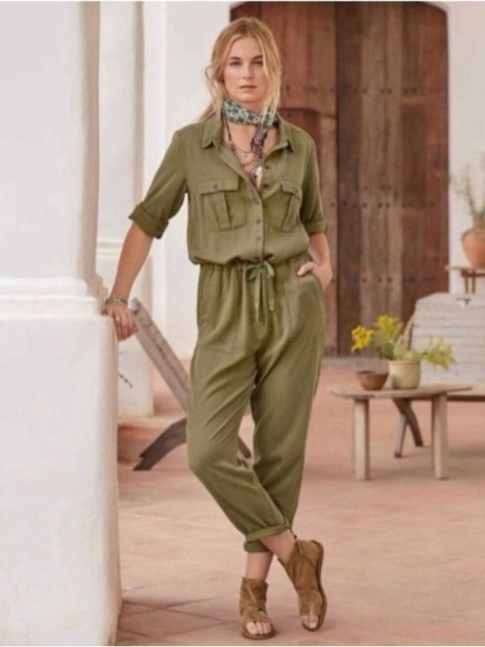 Sundance Belted All Roads Jumpsuit Rolled Sleeve Collared Green Petite Medium